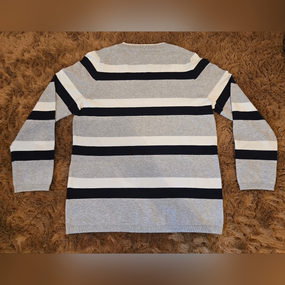 Tommy Hilfiger Striped V-Neck Knit Sweater Grey Navy White Size L - Picture 3 of 7